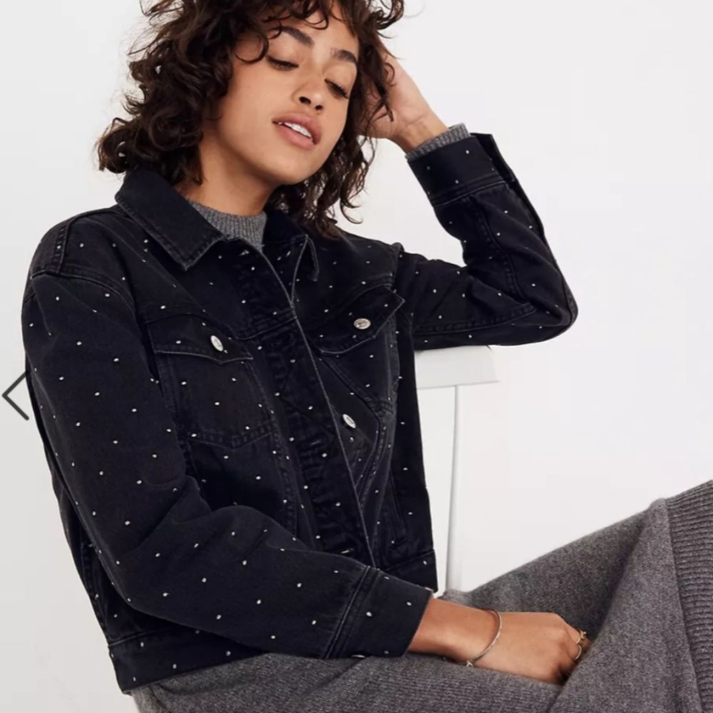 Madewell The Boxy Crop Black Denim Jean Jacket Metallic Dot Edition Women's XS